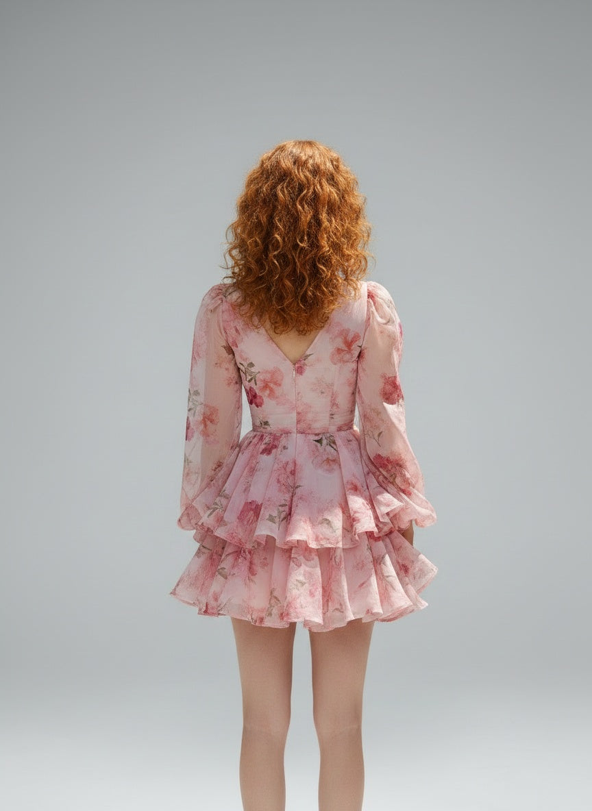 Back pose of the model wearing Enchnt Spring/Summer Romantic Holiday Elegant Pink Floral Allover Print Lantern Sleeve Women's Summer Cute Mini Dress, Suitable For Vacation,Sweet&Elegant For Vacation&Date&Holiday&Party&Graduation&Wedding Guest&Beach,Prom Dress,Summer Dresses For Women,