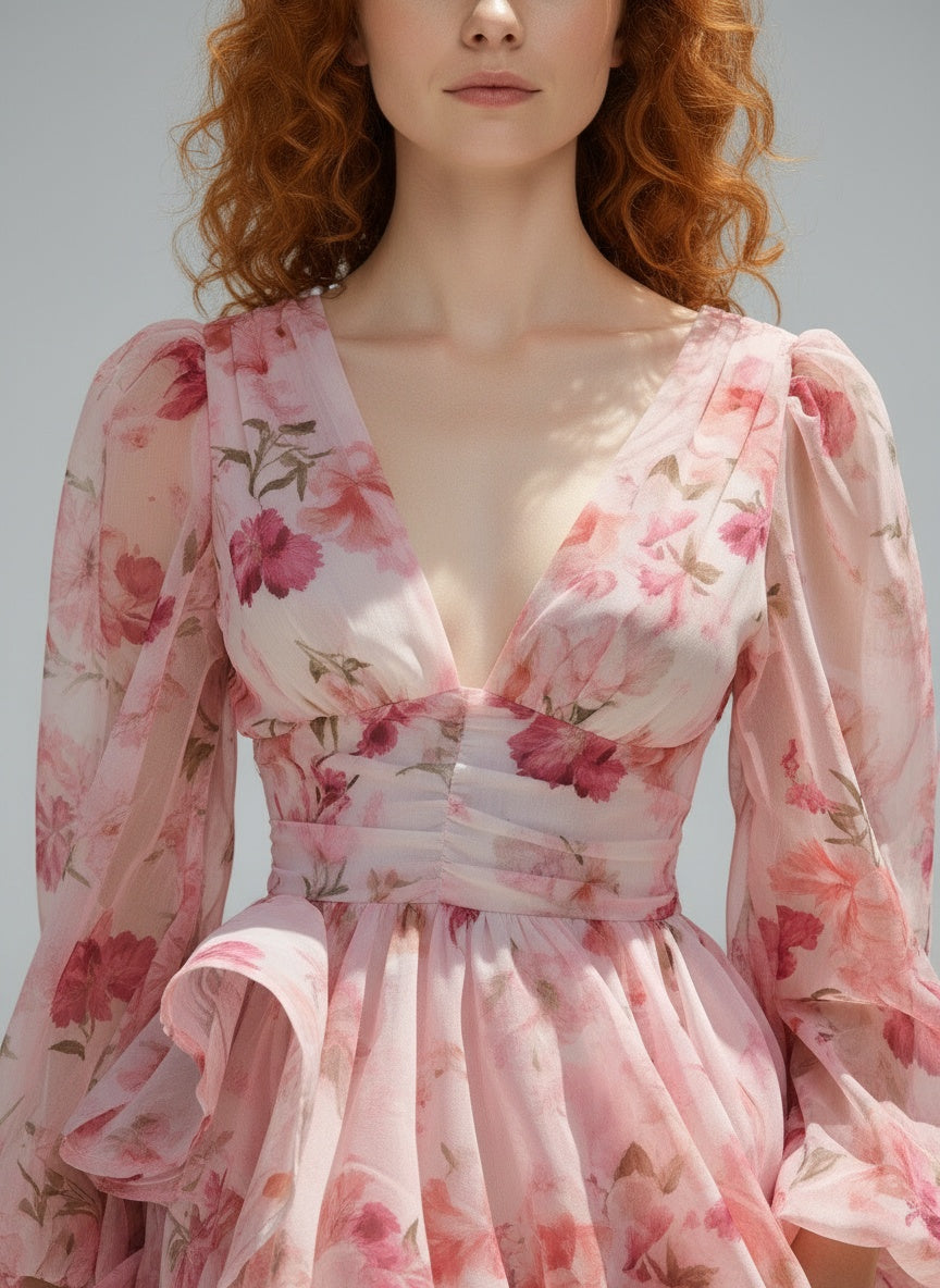 Detail shot of Enchnt Spring/Summer Romantic Holiday Elegant Pink Floral Allover Print Lantern Sleeve Women's Summer Cute Mini Dress, Suitable For Vacation,Sweet&Elegant For Vacation&Date&Holiday&Party&Graduation&Wedding Guest&Beach,Prom Dress,Summer Dresses For Women,