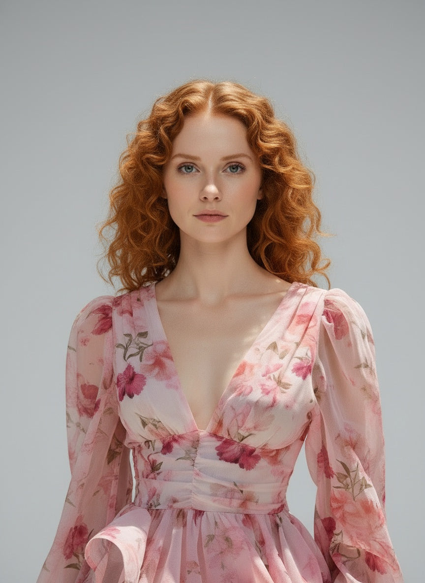 Close-up of the model wearing Enchnt Spring/Summer Romantic Holiday Elegant Pink Floral Allover Print Lantern Sleeve Women's Summer Cute Mini Dress, Suitable For Vacation,Sweet&Elegant For Vacation&Date&Holiday&Party&Graduation&Wedding Guest&Beach,Prom Dress,Summer Dresses For Women,