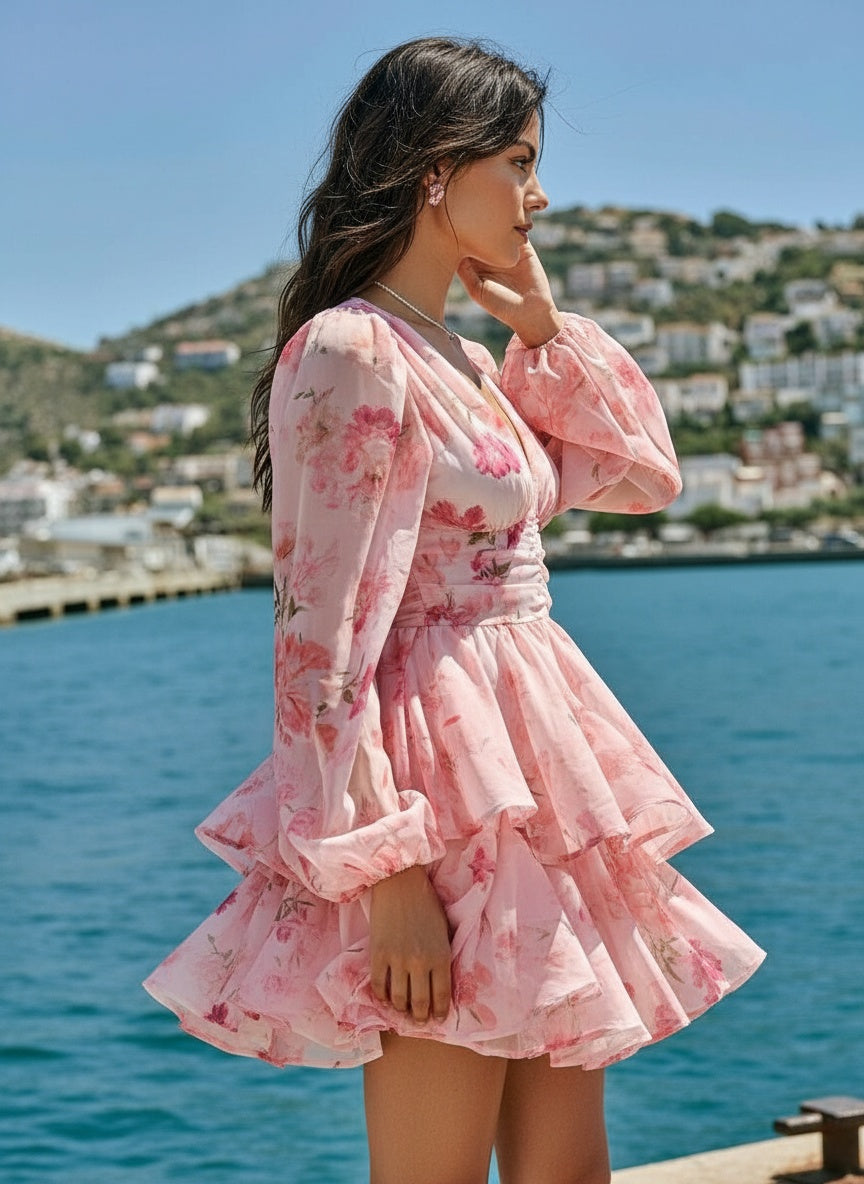 Side profile of the model wearing Enchnt Spring/Summer Romantic Holiday Elegant Pink Floral Allover Print Lantern Sleeve Women's Summer Cute Mini Dress, Suitable For Vacation,Sweet&Elegant For Vacation&Date&Holiday&Party&Graduation&Wedding Guest&Beach,Prom Dress,Summer Dresses For Women,